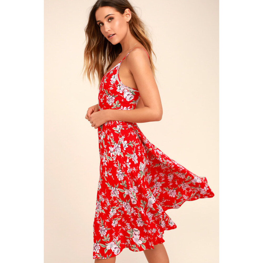 Lulus Esperanza Red Floral Print Midi Dress - Size S